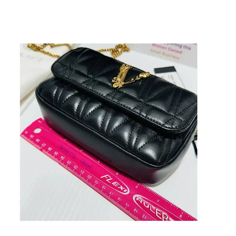 Versace Black Quilted Shoulder Bag with Gold Chain V